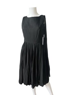 Vintage Sleeveless Black Dress with Cape Pleated Skirt Knee Length Size 16